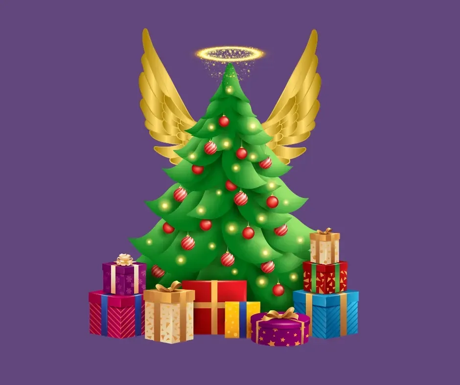 Decorated Christmas tree with gold wings and halo, surrounded by wrapped gifts on a purple background