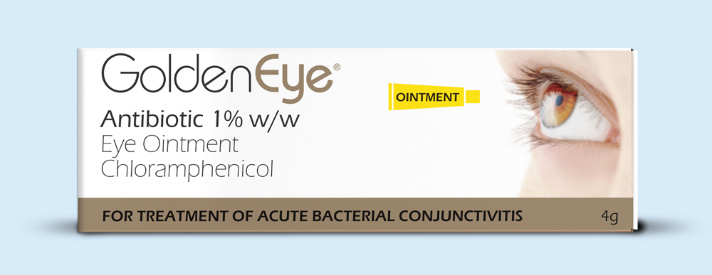 Box of Golden Eye antibiotic eye ointment, treating acute bacterial conjunctivitis.