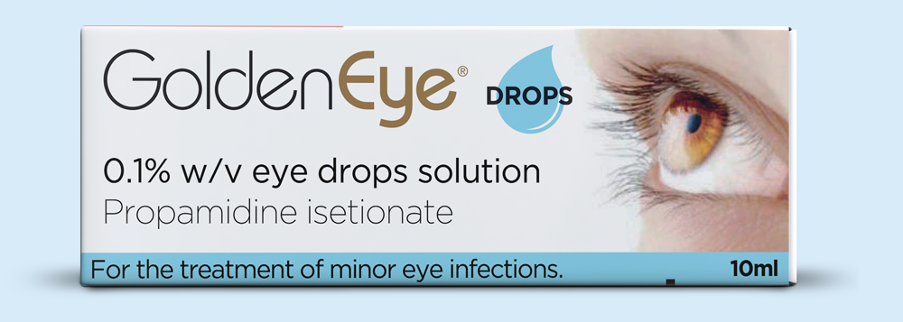 Box of GoldenEye eye drops, light blue, with an image of an eye, and text about the product.