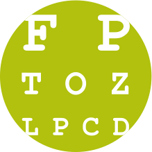 Eye chart with white letters on a green background; letters read 