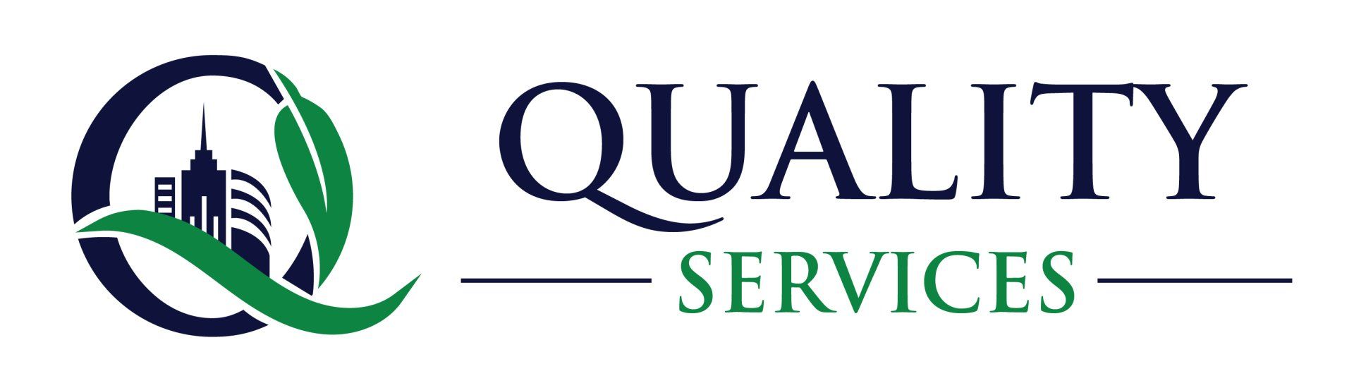 A logo for quality services with a green leaf and a building.