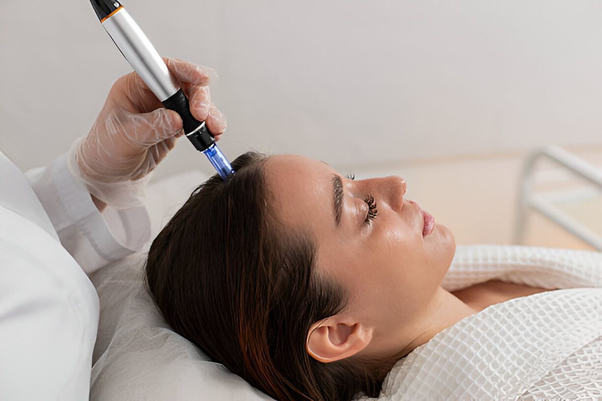 A woman is getting a microneedle treatment on her head.