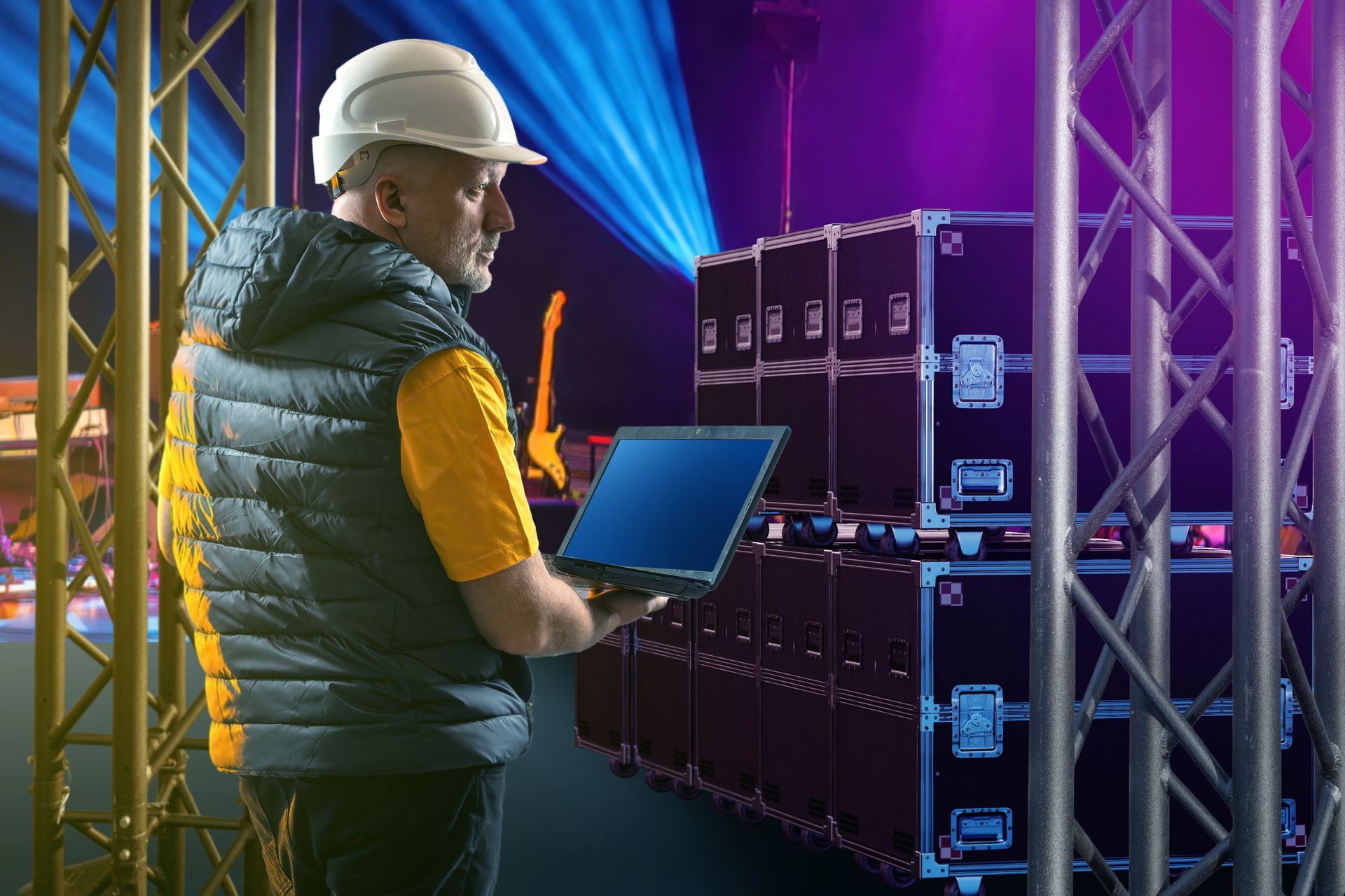 AV equipment rental setup with speakers, microphones, and projection screens. AV equipment rental setup with speakers, microphones, and projection screens.