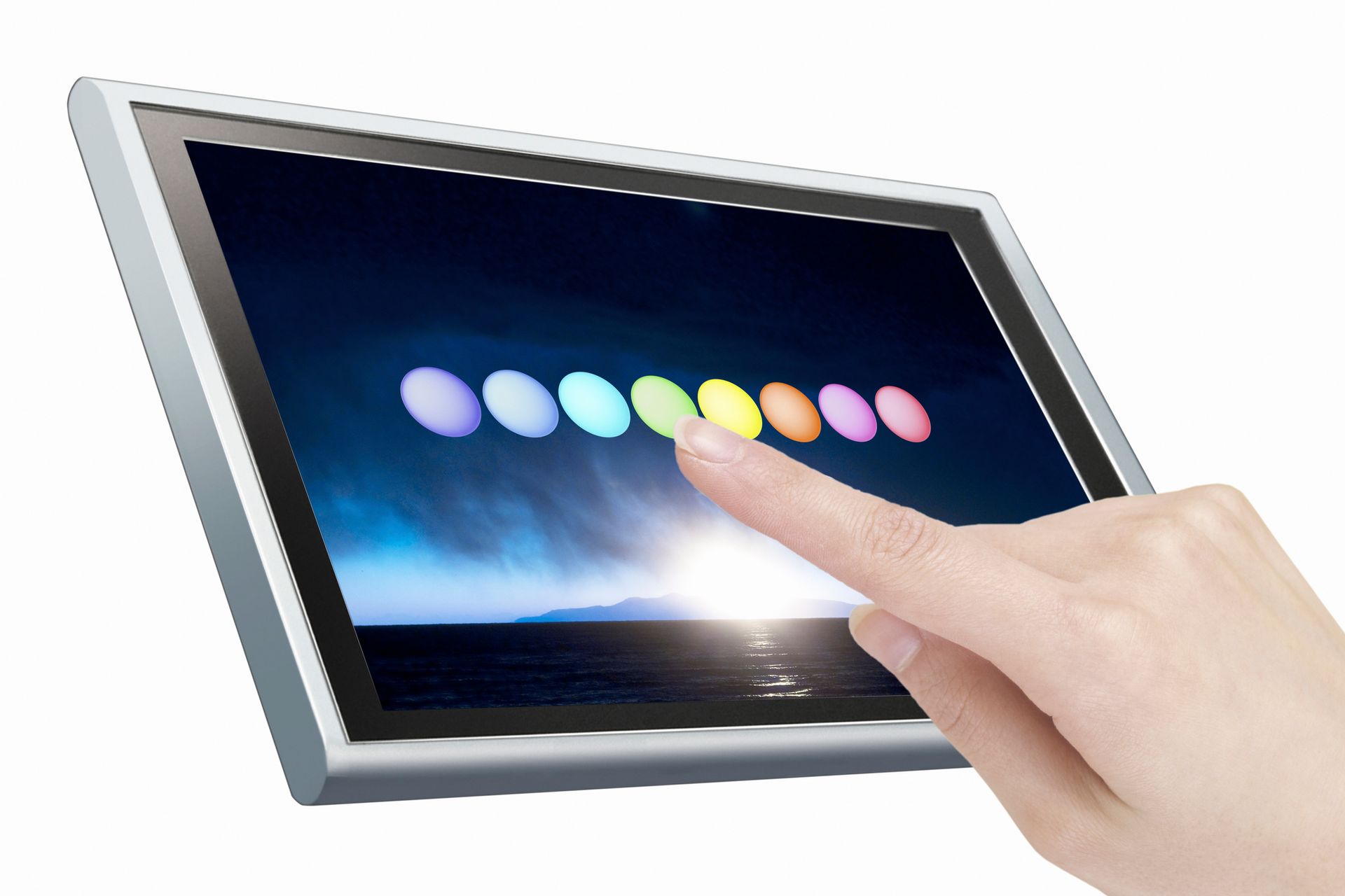 A hand touching a color selection interface on a touchscreen display with vibrant circular icons. A hand touching a color selection interface on a touchscreen display with vibrant circular icons.