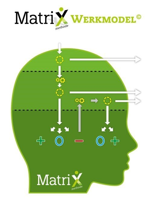 Een groen profielsilhouet met stroomschema's met cirkels, pijlen en symbolen, getiteld 