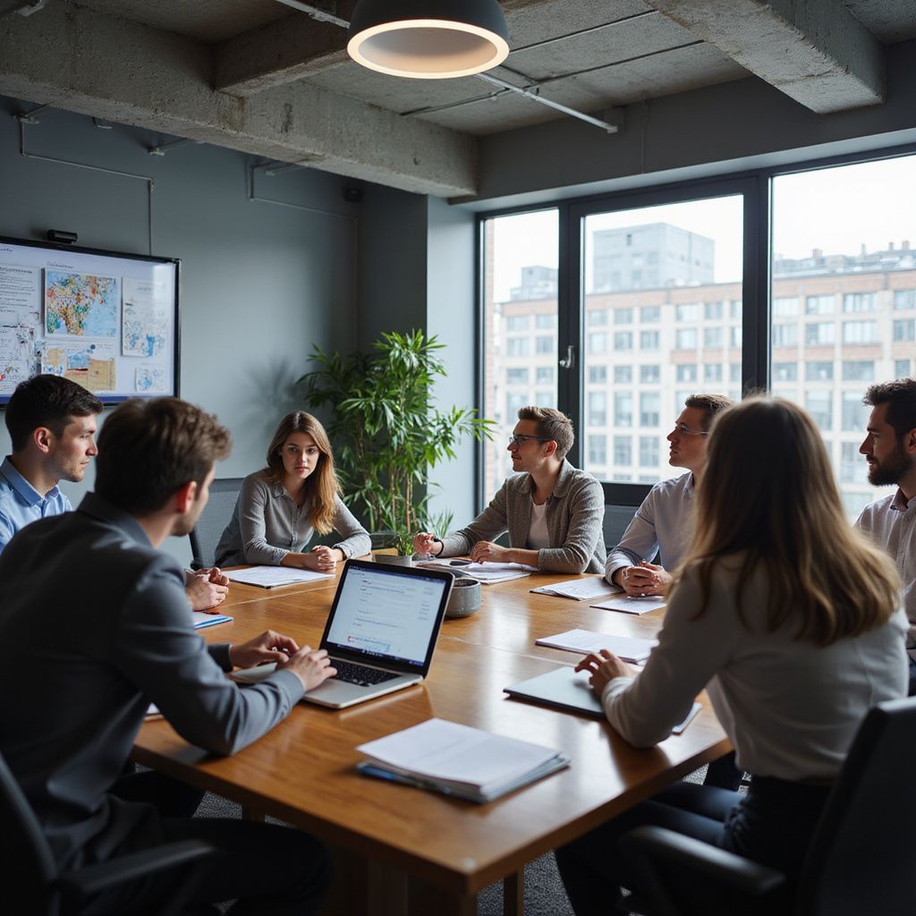 People seated around a table in a meeting, with laptops and papers, in an office.