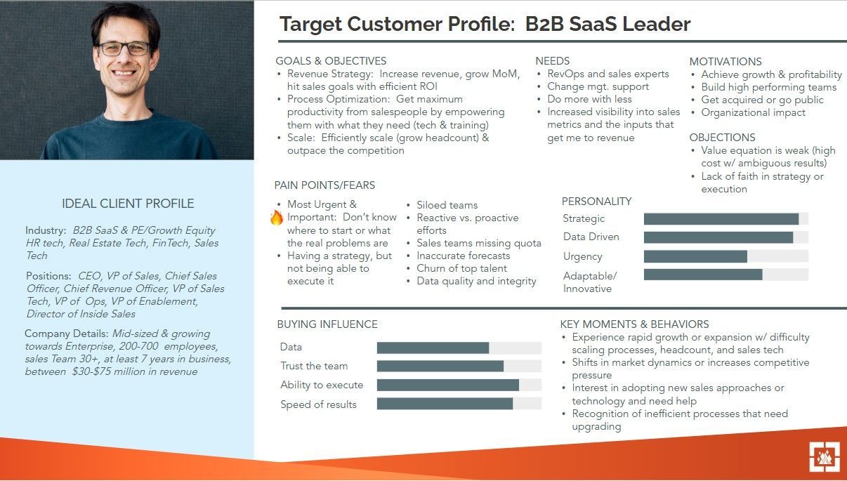 In depth target customer profile detailing goals, needs, and objections for a SaaS leader.