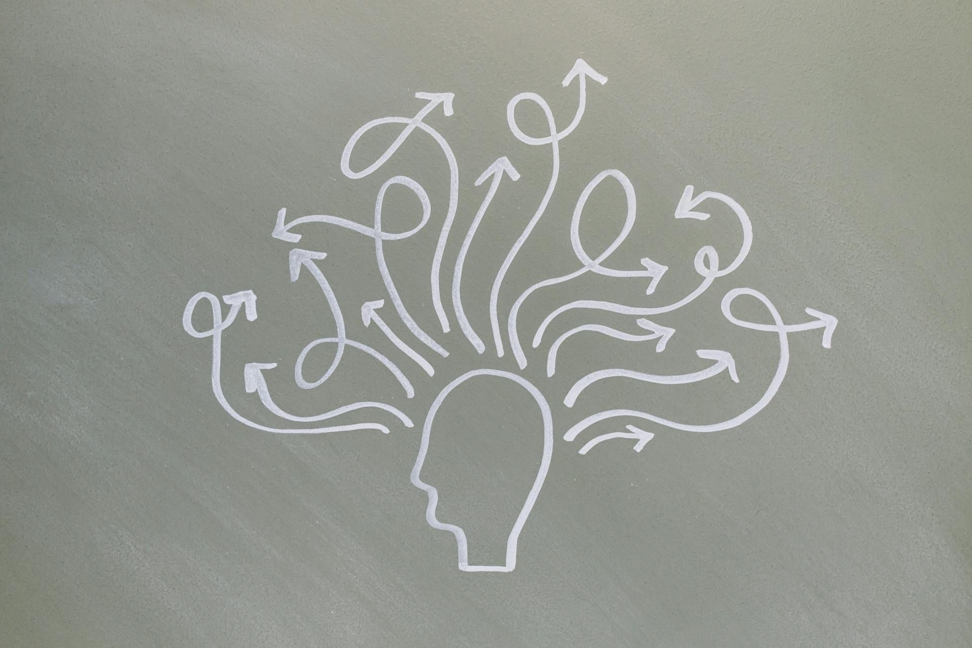 Silhouette of a head with many white, swirling arrows emanating from it, suggesting thoughts and ideas.