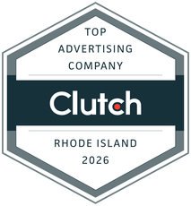 Clutch badge for Top Advertising Company in Rhode Island, 2026, with gray and teal hexagonal design