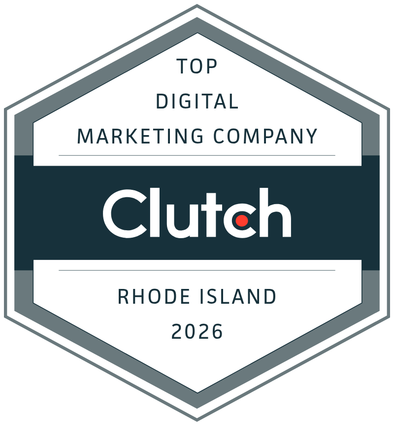 Clutch Top Digital Marketing Company badge for Rhode Island 2026, gray and teal hexagon logo