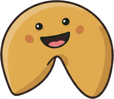 Smiling cartoon fortune cookie with rosy cheeks.