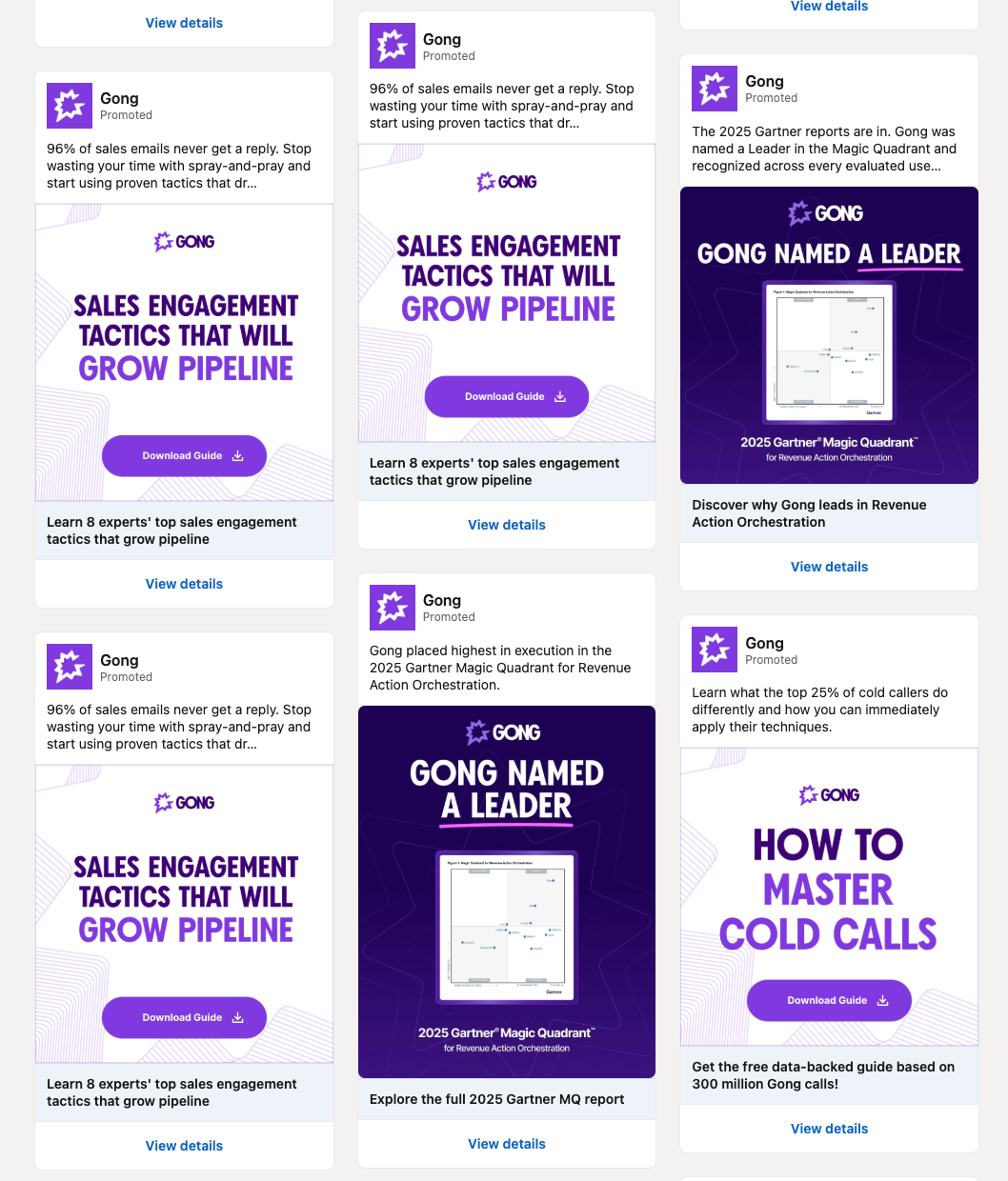 Gong LinkedIn ads promoting sales guides and Gartner recognition.
