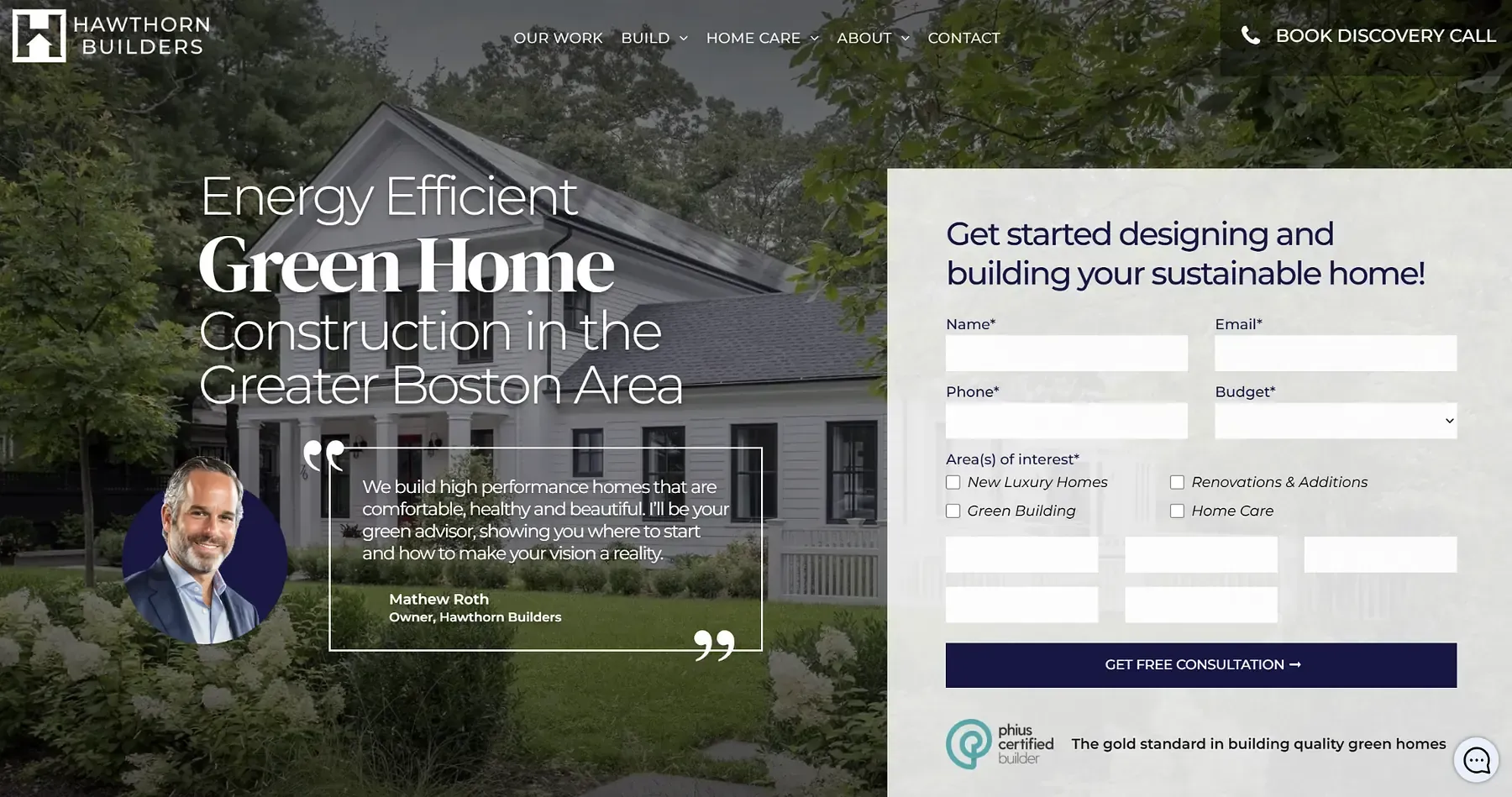 Hawthorn Builders green home construction landing page