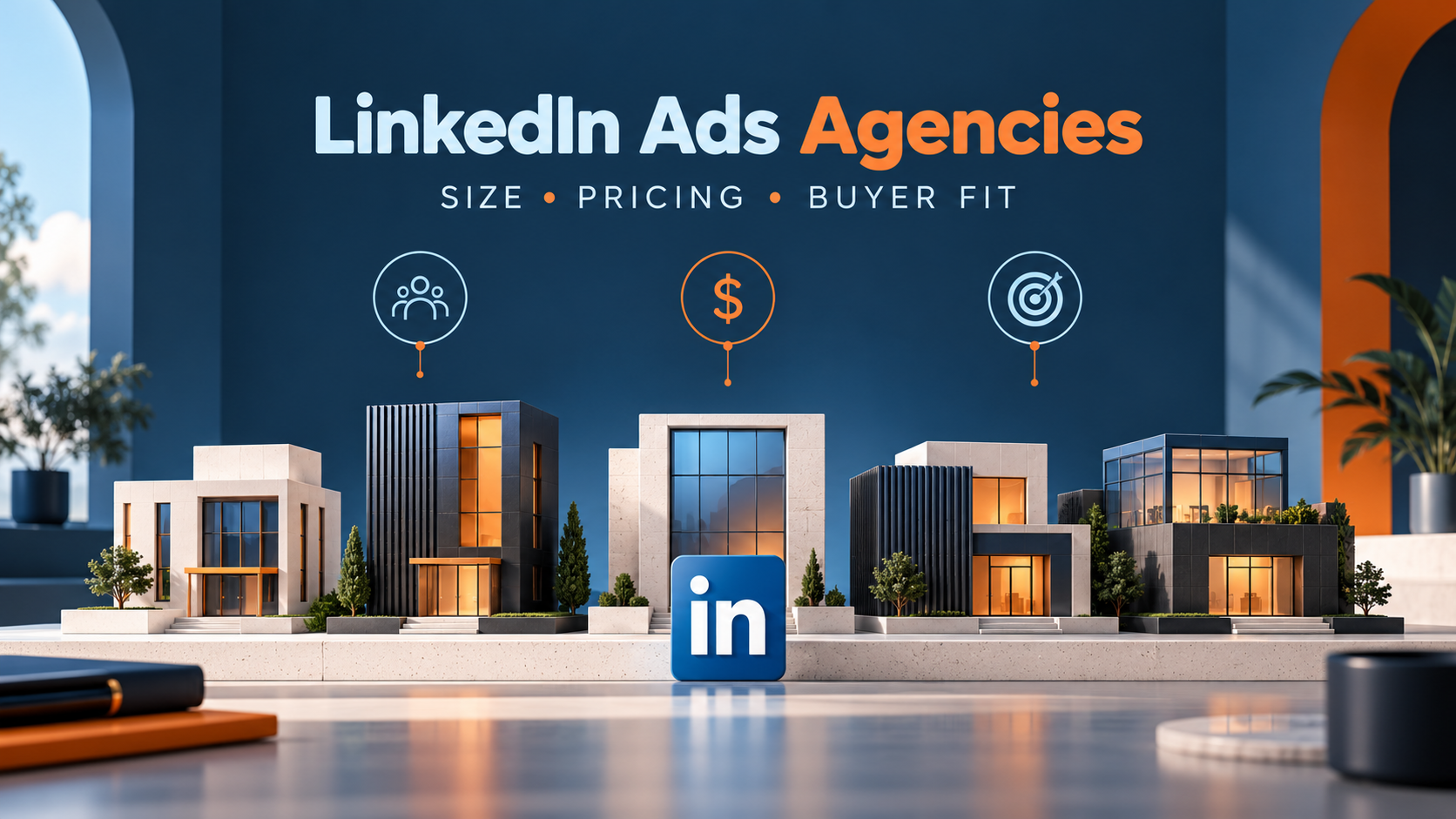 Five agency buildings with team, pricing and target icons, illustrating LinkedIn Ads agency size, pricing and buyer fit.