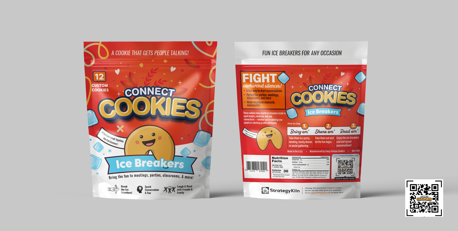 Front and back of a candy bag with a cartoon cookie, red, blue, and white colors, 