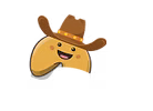 Smiling, light-brown fortune cookie wearing a cowboy hat.