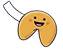 Smiling cartoon fortune cookie with a fortune slip.