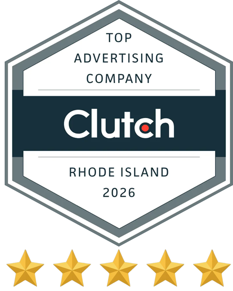 Clutch: Top SEM Company in Rhode Island, 2026. Logo features a dark blue stripe with 