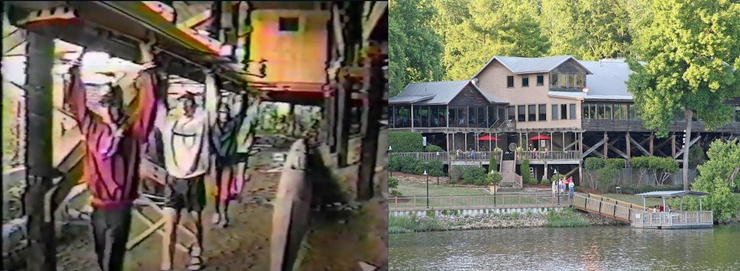 People exercising outdoors, and a large cabin on a lake.