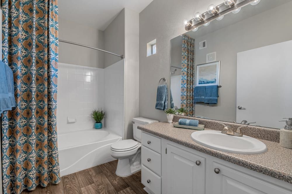 Modern bathroom interior with a patterned shower curtain, white bathtub, toilet, and a vanity with a granite countertop and undermount sink. Coordinated blue towels hang on the towel bar and are folded on the countertop, complementing the touches of blue decor, including a framed ocean-themed picture above the towel bar. There is a potted plant on the countertop and soft natural light entering from a frosted window reflected in the mirror at Alante at the Islands in Chandler, AZ.