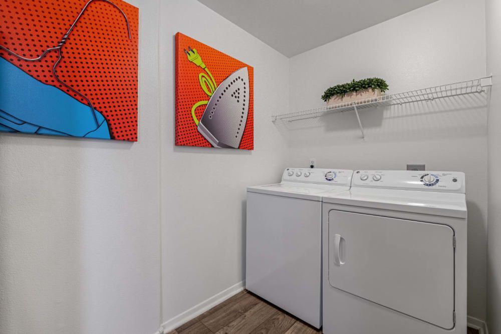 Modern laundry room with white washer and dryer, a wire shelf with a green plant above the appliances, and colorful pop art-style paintings on the wall at Alante at the Islands in Chandler, AZ.