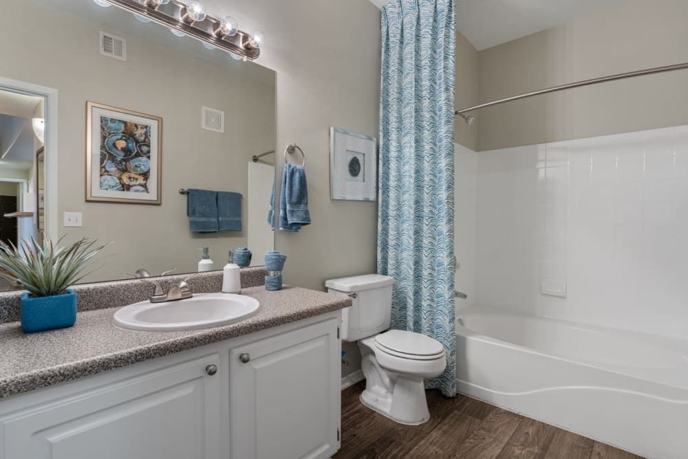 A clean and well-organized bathroom with a granite countertop vanity featuring a white sink, a large mirror with overhead lighting, and beige walls. There are blue and white decorative elements such as towels, a shower curtain with a wave pattern, and matching containers. Artwork is hung on the wall and a small plant adds a touch of greenery to the space. The bathtub and toilet are white, and the floor has a wooden appearance at Alante at the Islands in Chandler, AZ.