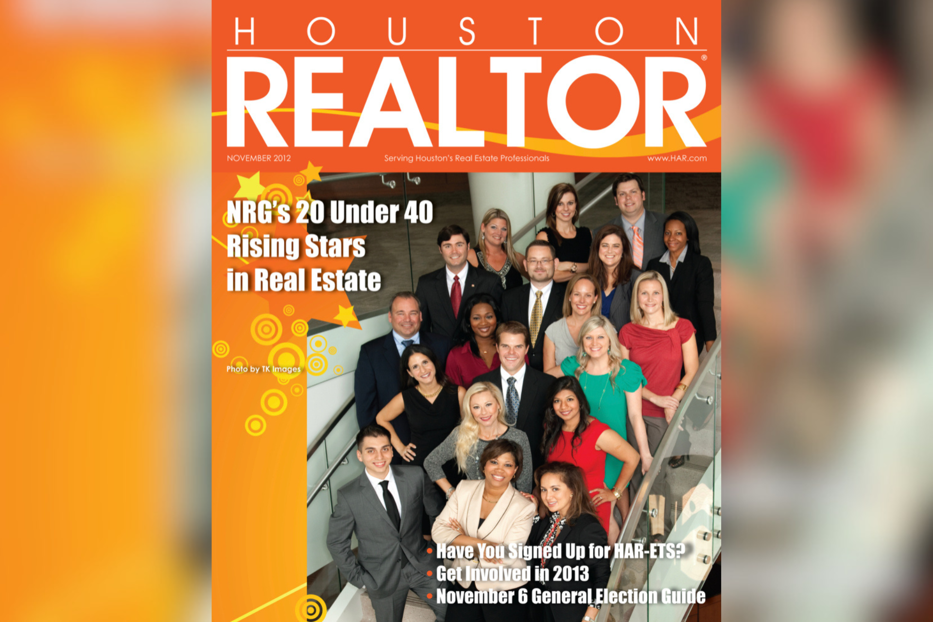 Houston Realtor magazine cover with a Courtney with a group of people posing over an orange cityscape background