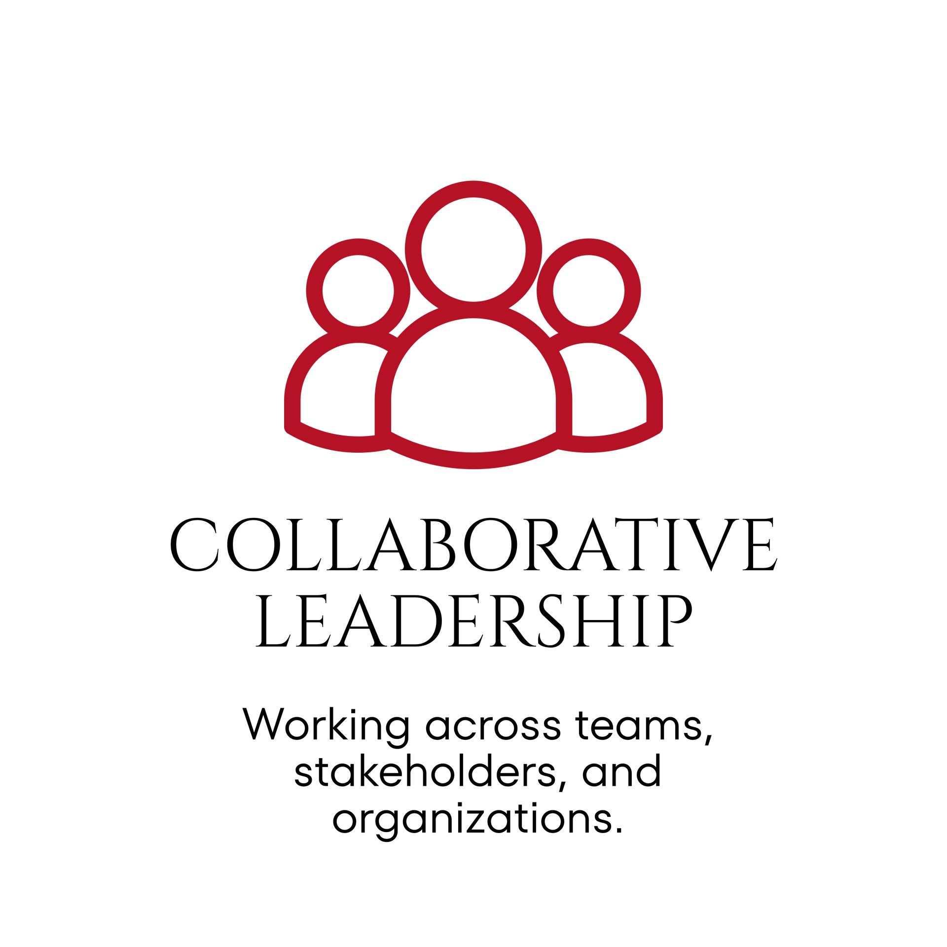 Red outline of three people above text “Collaborative Leadership” and “Working across teams, stakeholders, and organizations.”