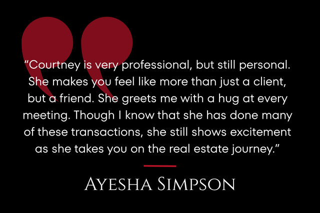 Testimonial quote on black background with white text, signed Ayesha Simpson.