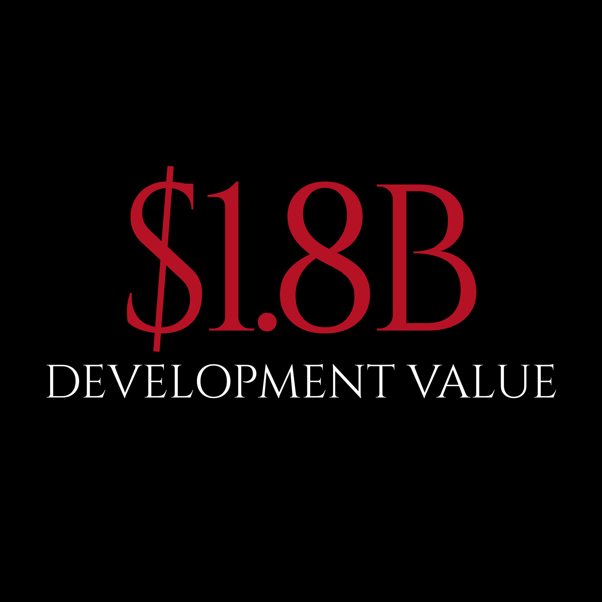 $1.8B in red text above “DEVELOPMENT VALUE” on a black background