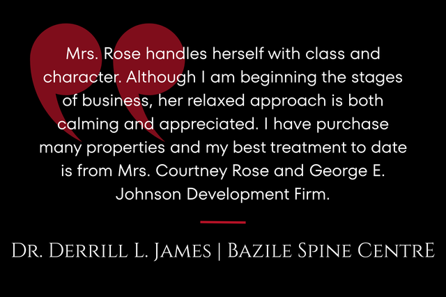 Black slide with a red heart and a white testimonial quote about Mrs. Rose and George E. Johnson Development Firm.