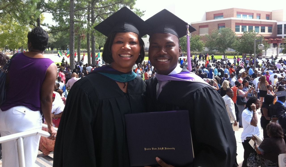 Courtney Johnson Rose and her husband, Teeba Johnson Rose, at the graduation ceremony at their alma mater, Prairie View A&M University