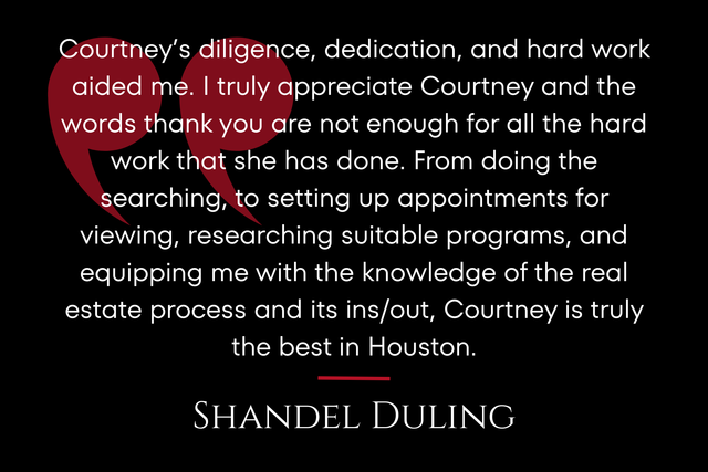 Black quote card praising Courtney’s diligence and hard work, with “Shandel Duling” at the bottom.