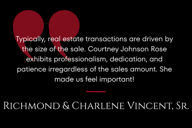 Black background quote card with white testimonial text and a red accent line, signed Richmond & Charlene Vincent, Sr.