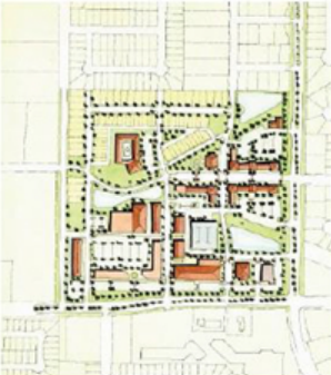 Color-coded site plan map with buildings, roads, and green spaces in a block layout