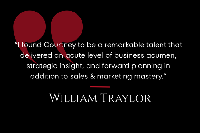 Black testimonial slide with white quote text and the name William Traylor on a dark background