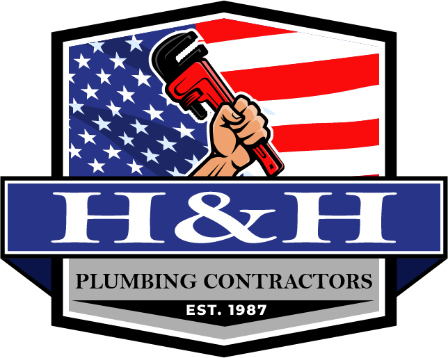 Logo for H&H Plumbing Contractors: a hand gripping a wrench in front of the American flag. Blue, red, and white design.