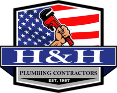 H&H Plumbing Contractors Logo for H&H Plumbing Contractors: a hand gripping a wrench in front of the American flag. Blue, red, and white design.