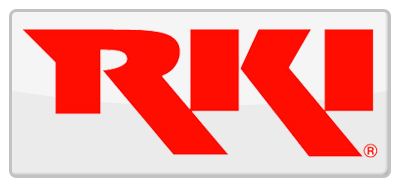 a red and white rk logo on a white background