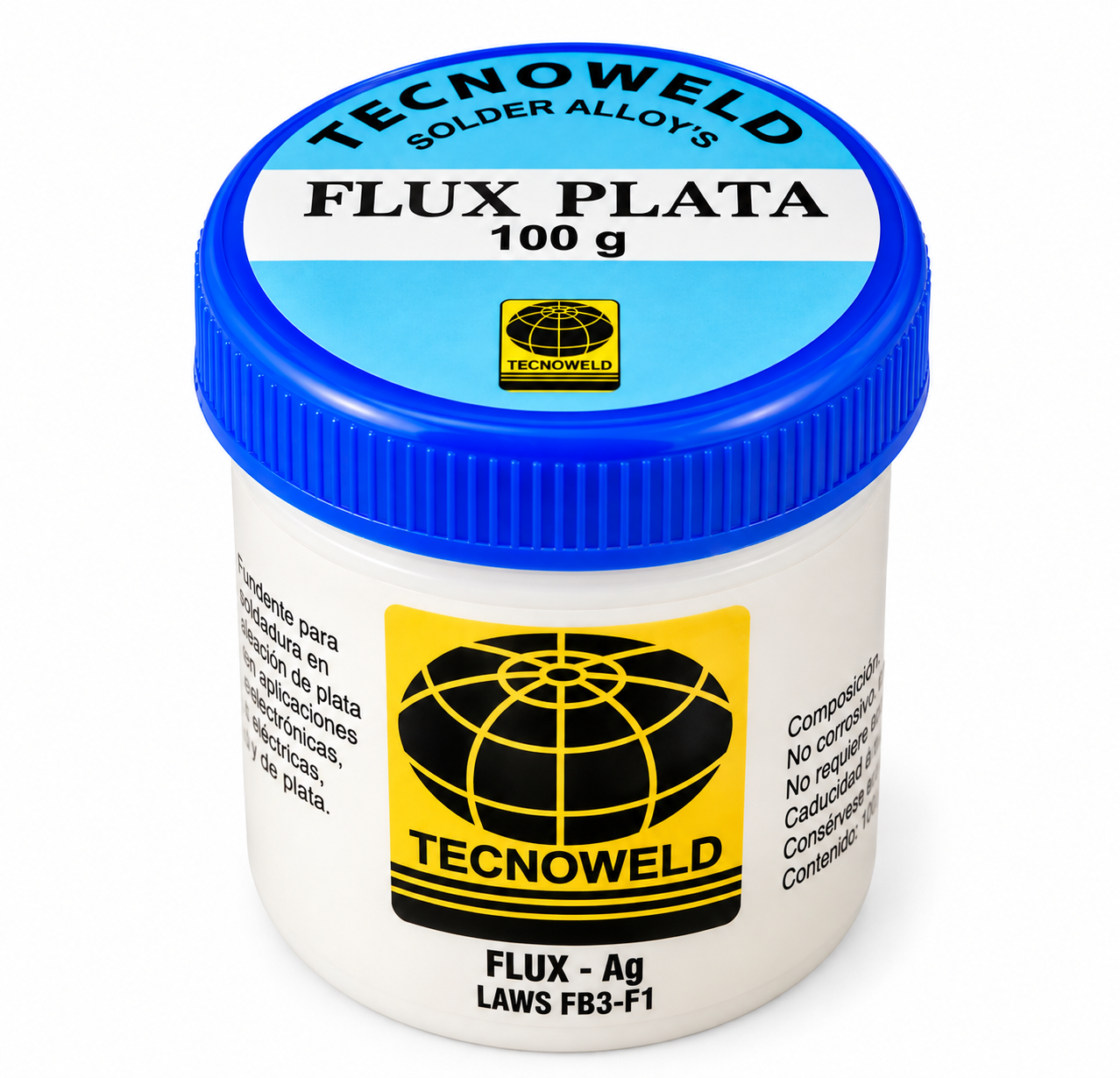 Tarro blanco de pasta fundente TECNOWELD, con tapa azul y etiqueta amarilla, sobre un fondo claro
