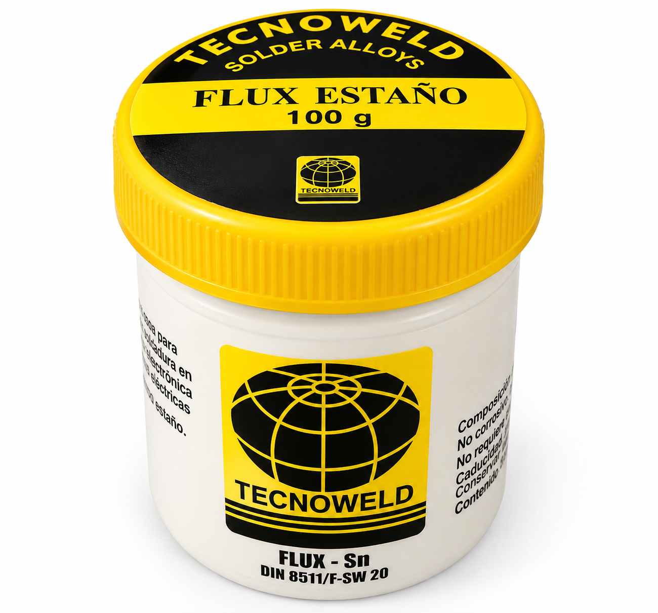 Envase de pasta fundente Tecnoweld con tapa amarilla y etiqueta negra y amarilla sobre fondo blanco
