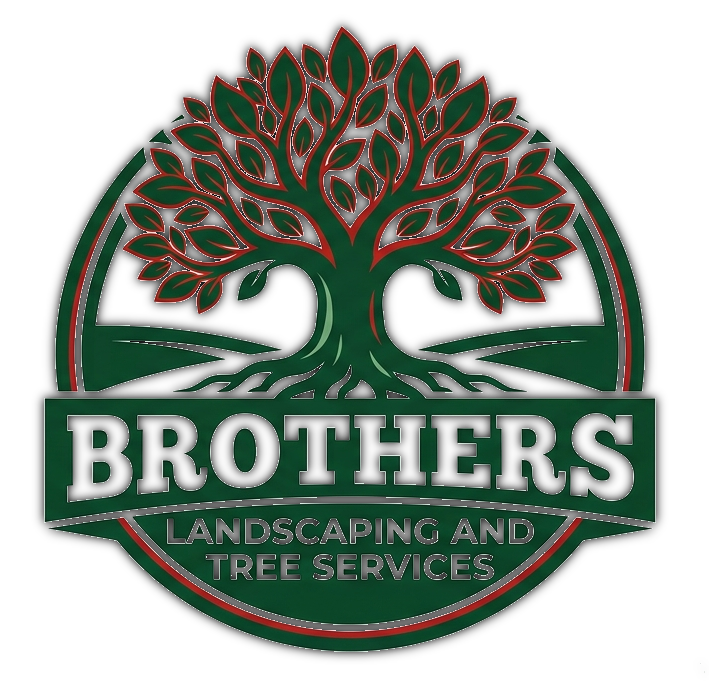 BROTHERS Landscaping and Tree Services logo with green tree and red outline