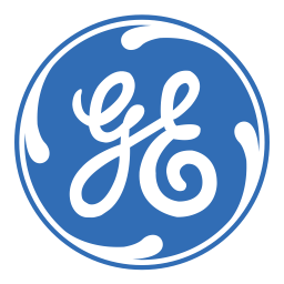 A blue and white ge logo on a white background