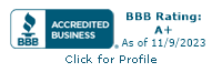 A bbb logo that says accredited business as of 11/9/2023
