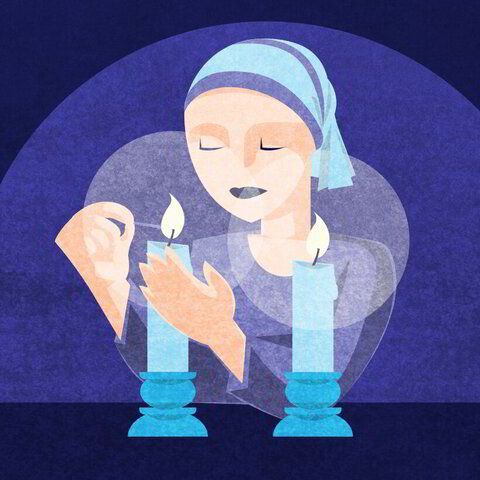 Person lighting candles at a table, with a prayer shawl and blue candles on a purple background
