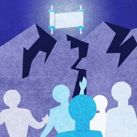 People looking up at a torn banner between mountains, with a lightning bolt striking the center.