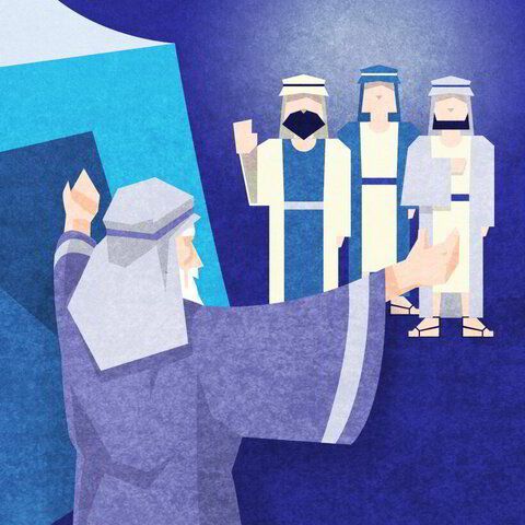 A robed speaker gestures toward three robed figures in a blue-toned scene.