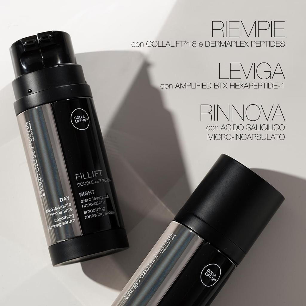 Two black cosmetic bottles with silver labels on a light background with product text.