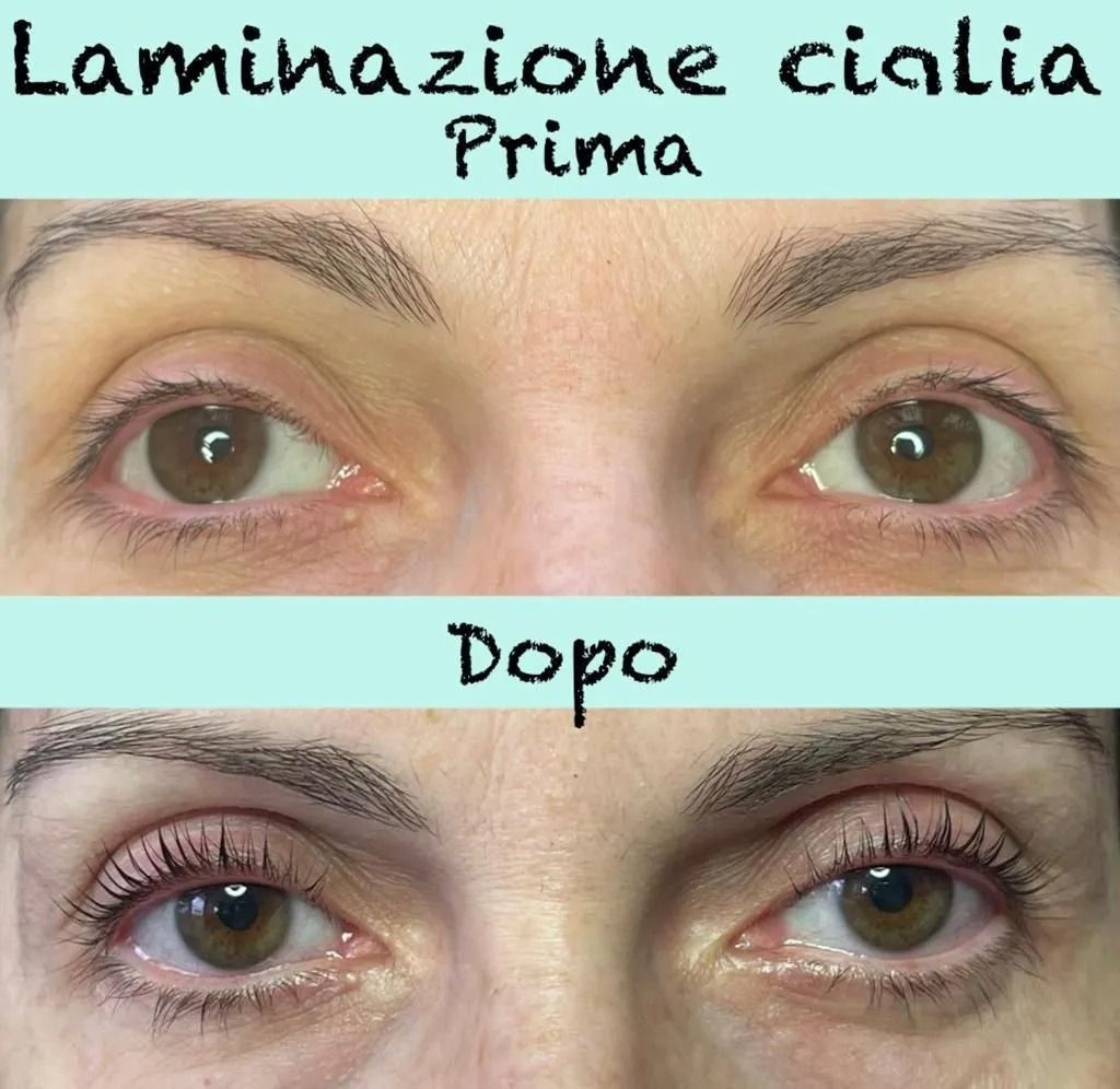 Before-and-after close-up of eyes showing eyelash lamination, with text “Prima” and “Dopo”