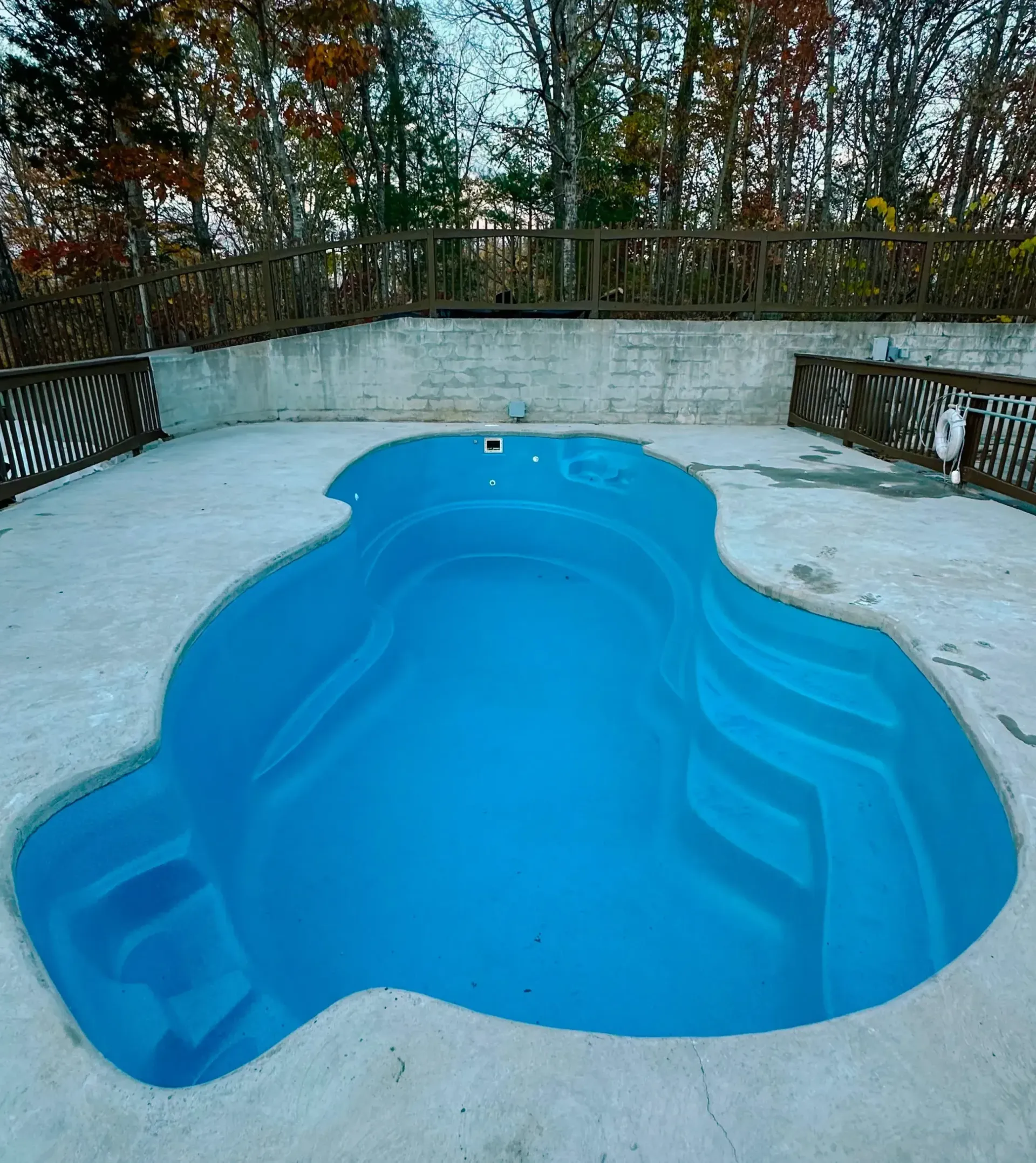 A large blue swimming pool is surrounded by trees